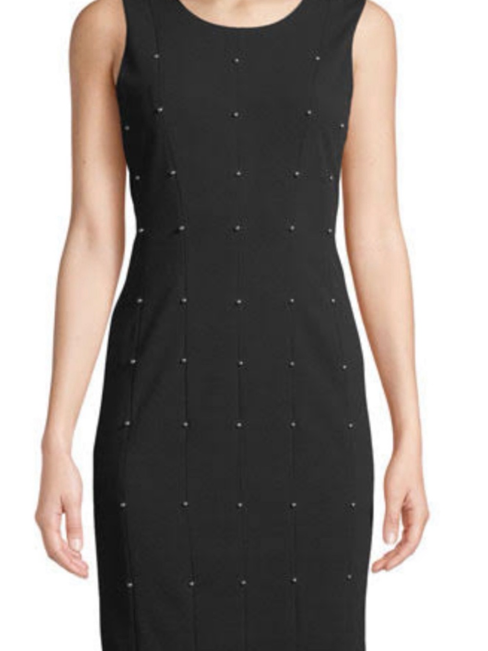 Calvin Klein Black Sleeveless Midi Sheath Dress with Pearl Dots